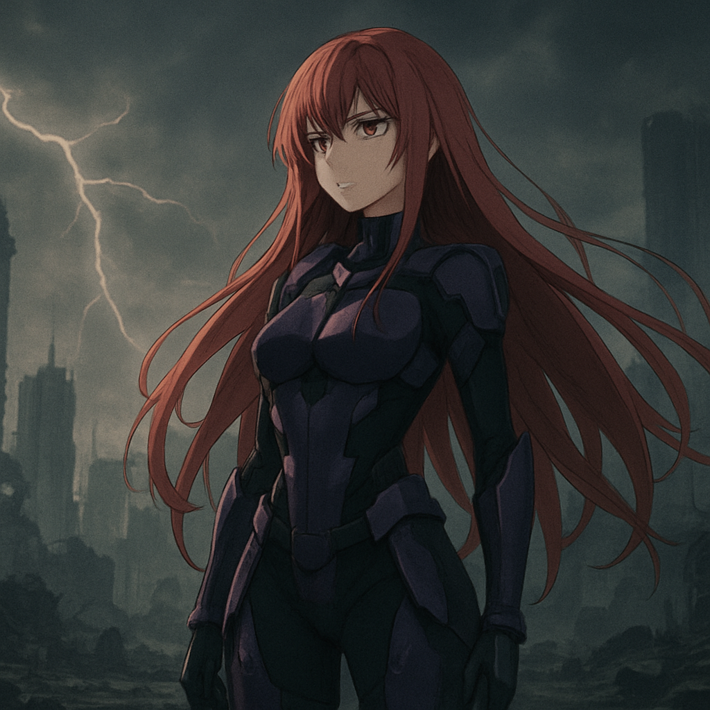 Raiden Mei standing in a ruined city under lightning