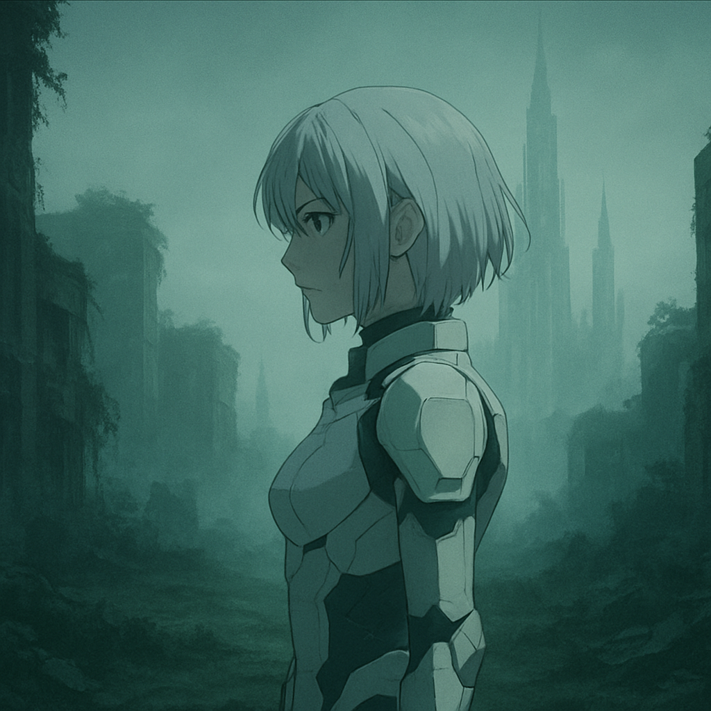 A valkyrie standing in a misty overgrown ruin